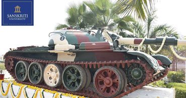 A battle tank of Indian Army installed for display at Sanskriti Campus