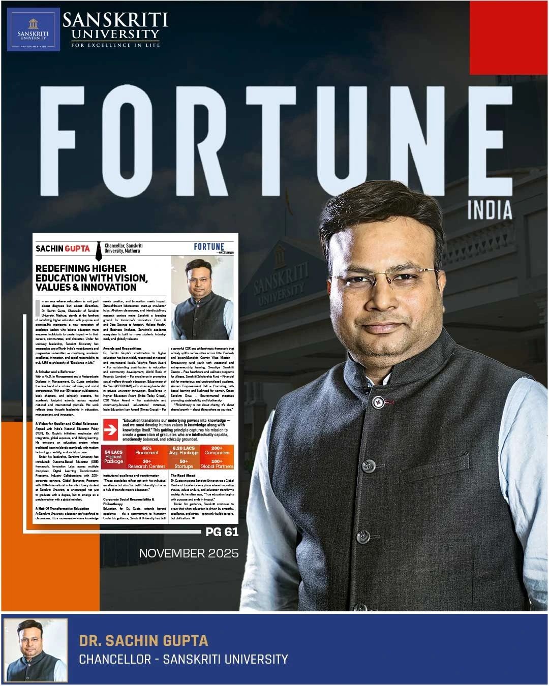 Fortune India Magazine, a reflection of our shared journey in building institutions that inspire learning, innovation, and impact.